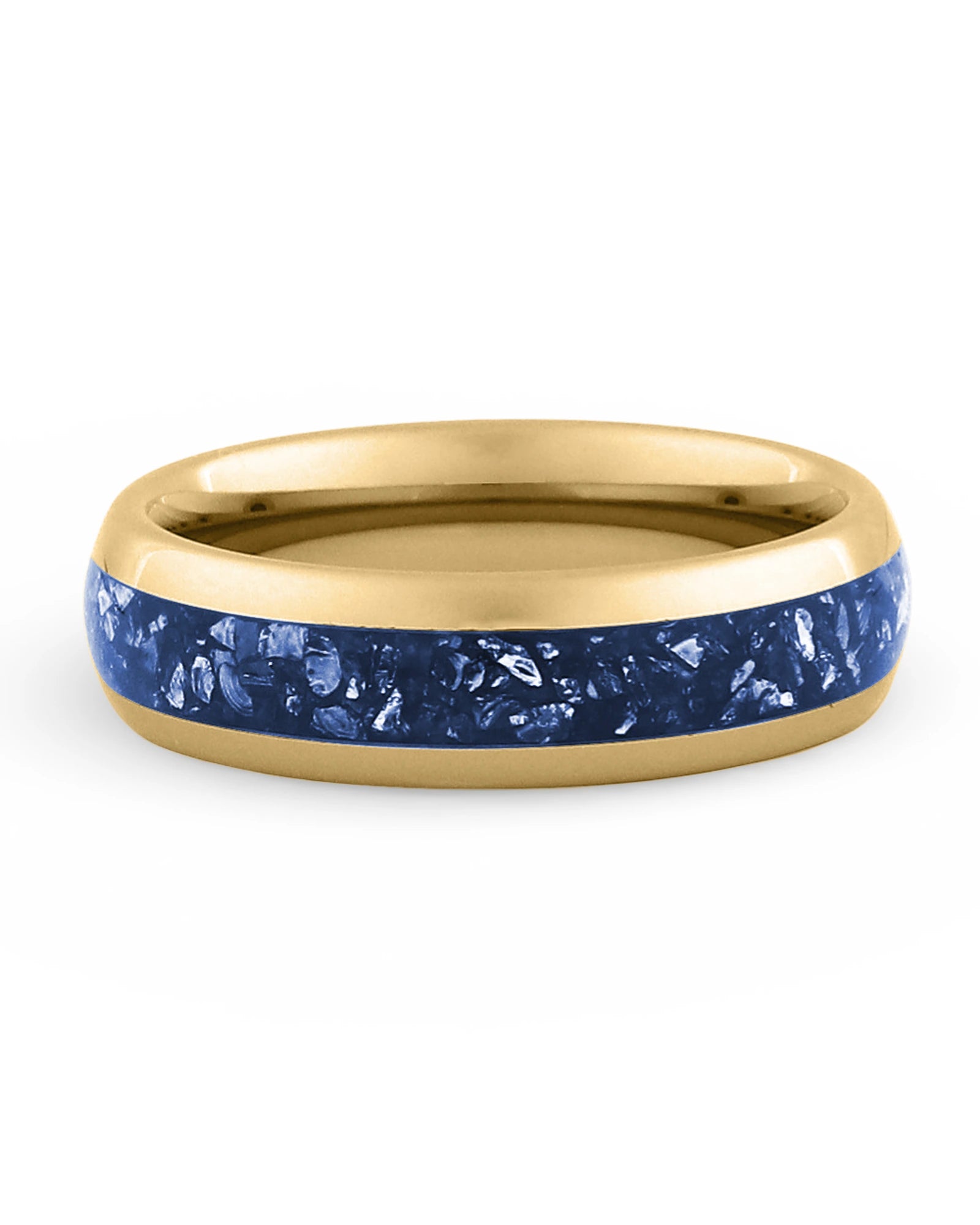 Front view of gold 6mm sapphire tungsten wedding band