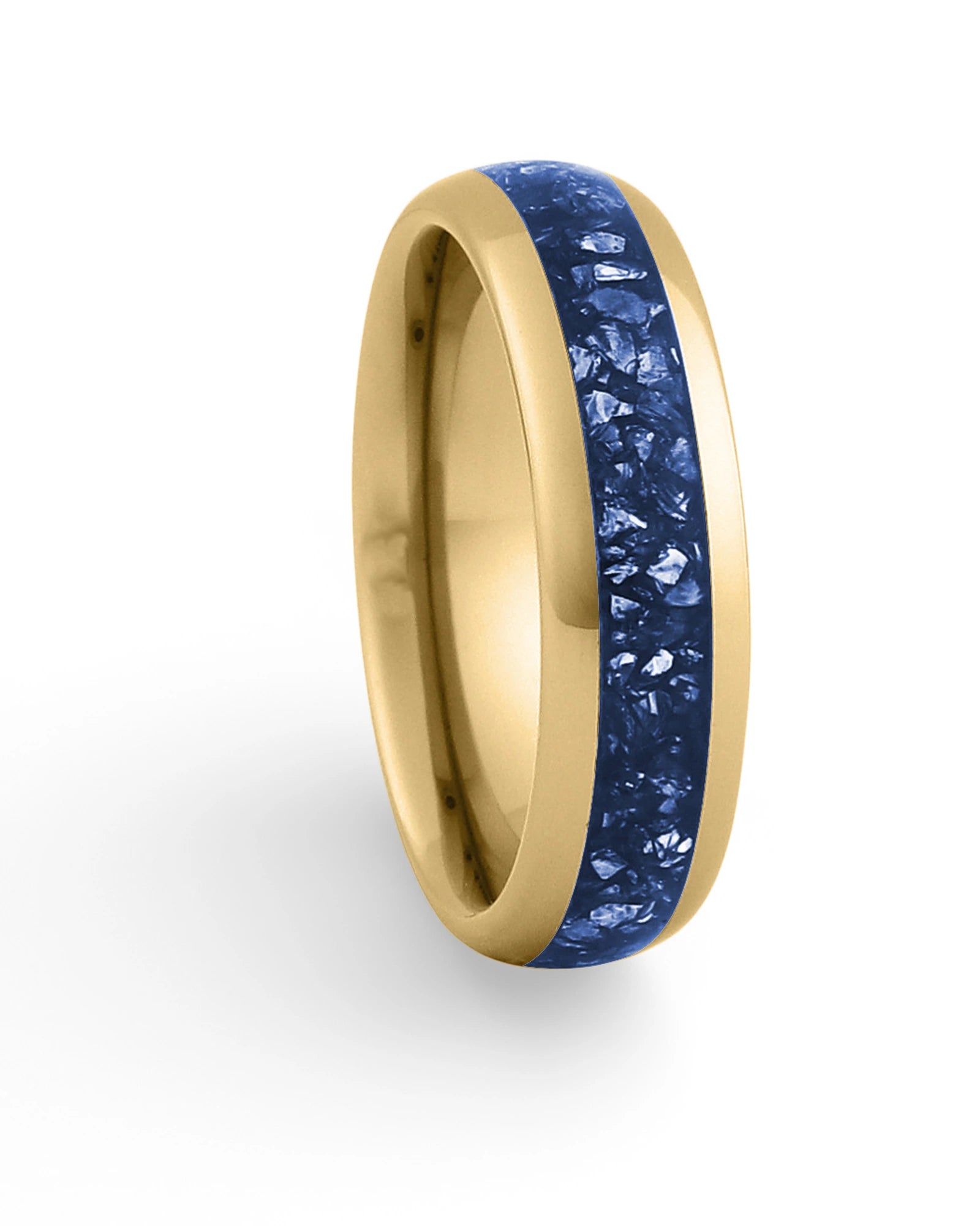 Gold 6mm tungsten ring with blue sapphire inlay shown at an angle