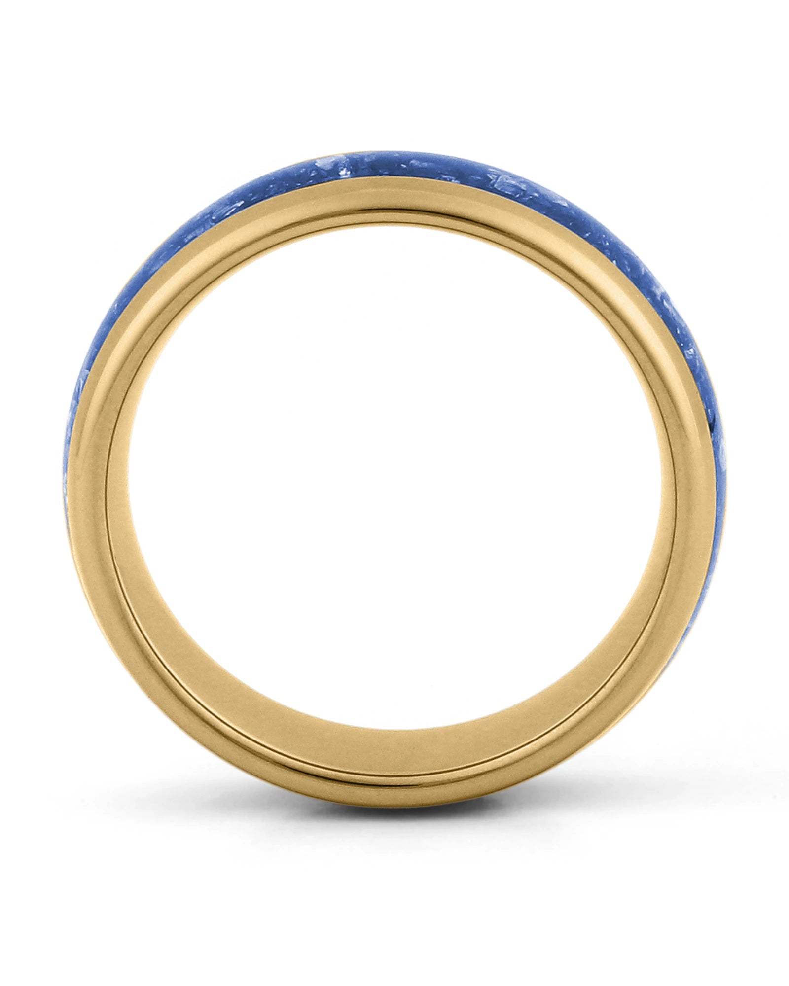 Side view of gold 8mm tungsten wedding ring with sapphire inlay