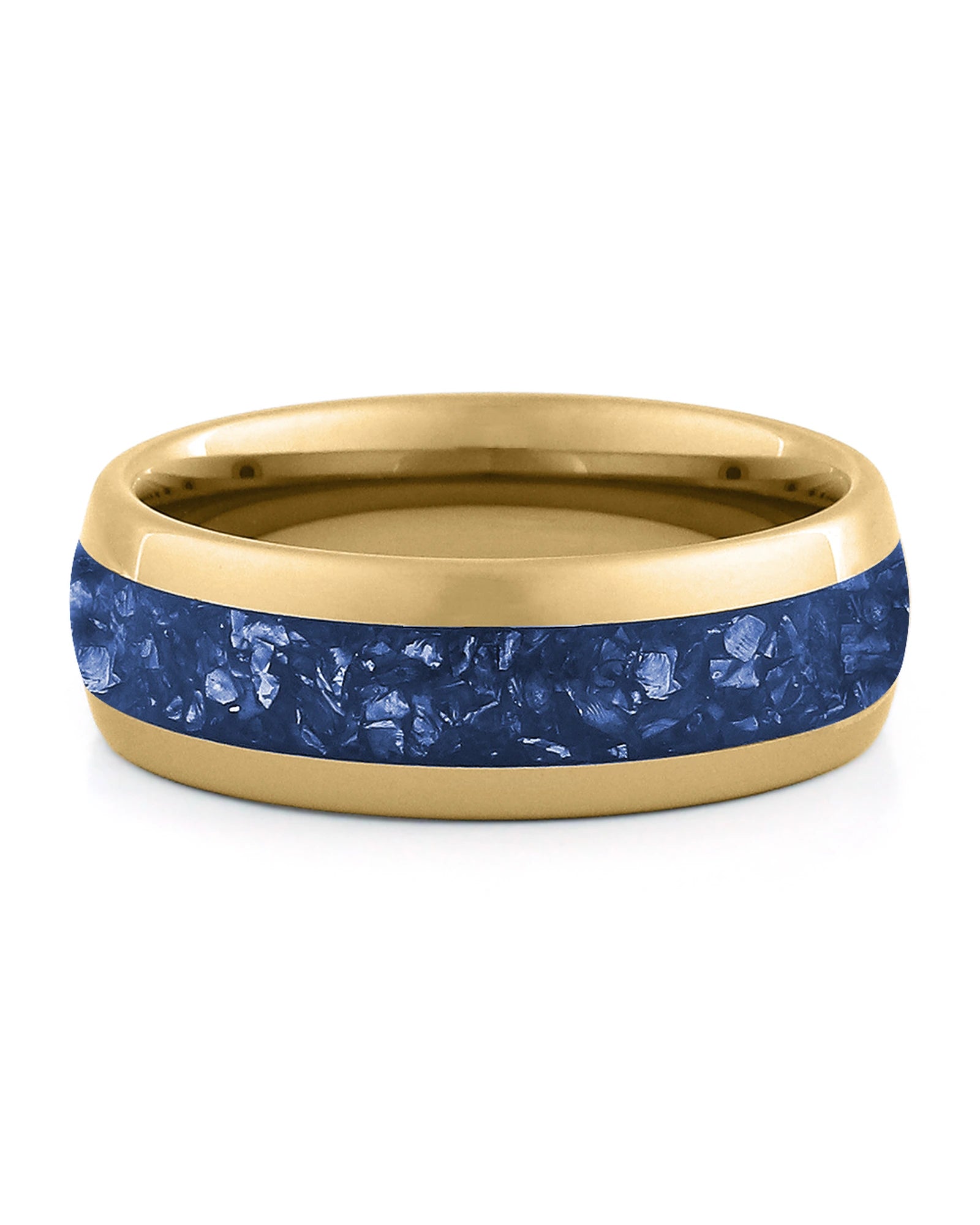 Front view of gold 8mm sapphire tungsten wedding band