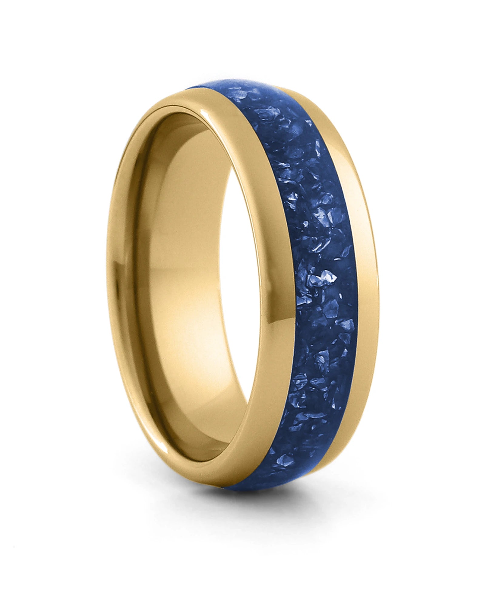 Gold 8mm tungsten ring with blue sapphire inlay shown at an angle
