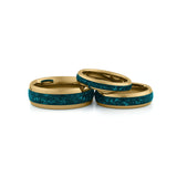 Matching gold turquoise wedding rings for couples, 4mm and 8mm bands with blue stone