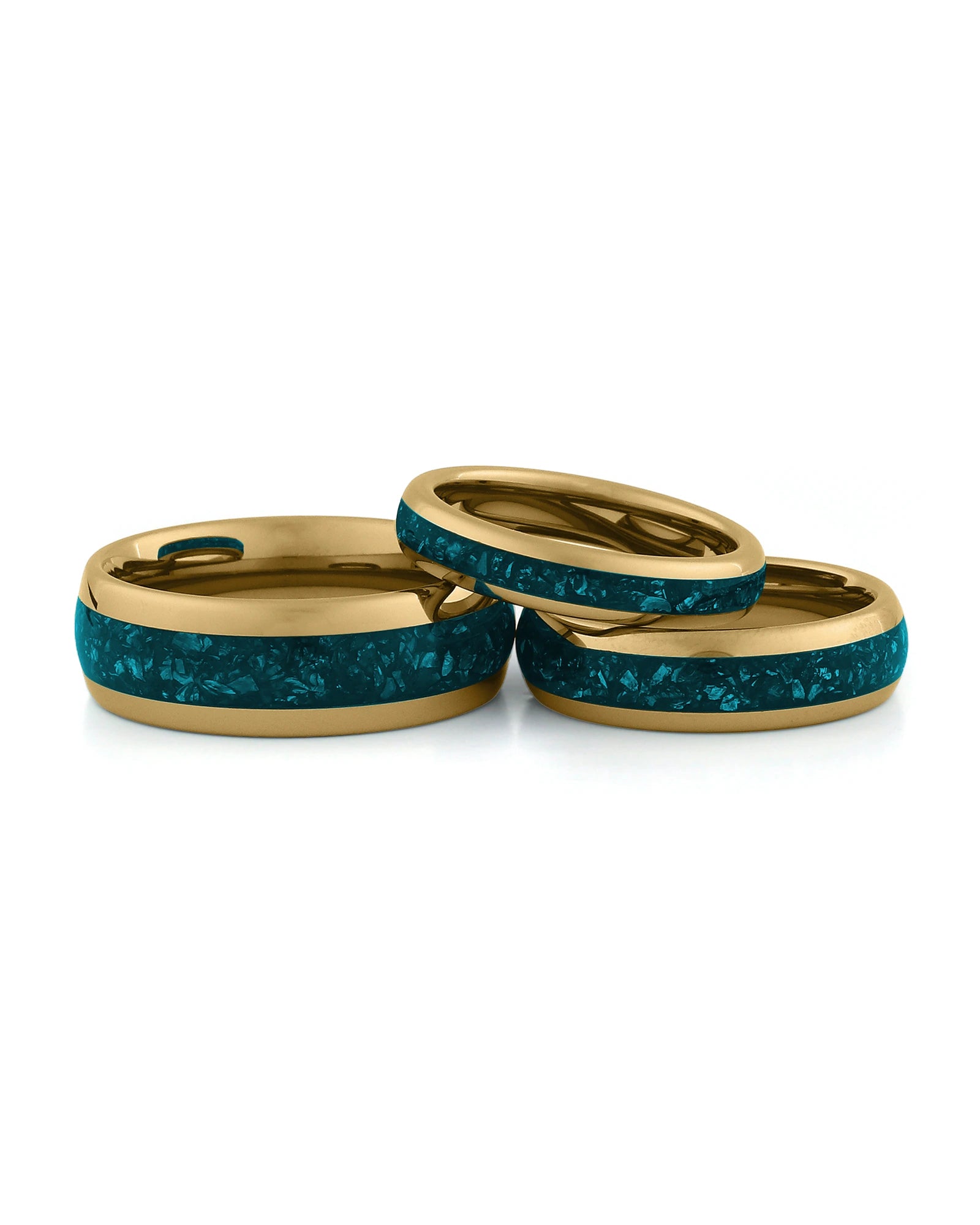 Gold turquoise tungsten couples wedding ring set shown together