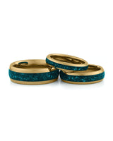 Gold turquoise tungsten couples wedding ring set shown together