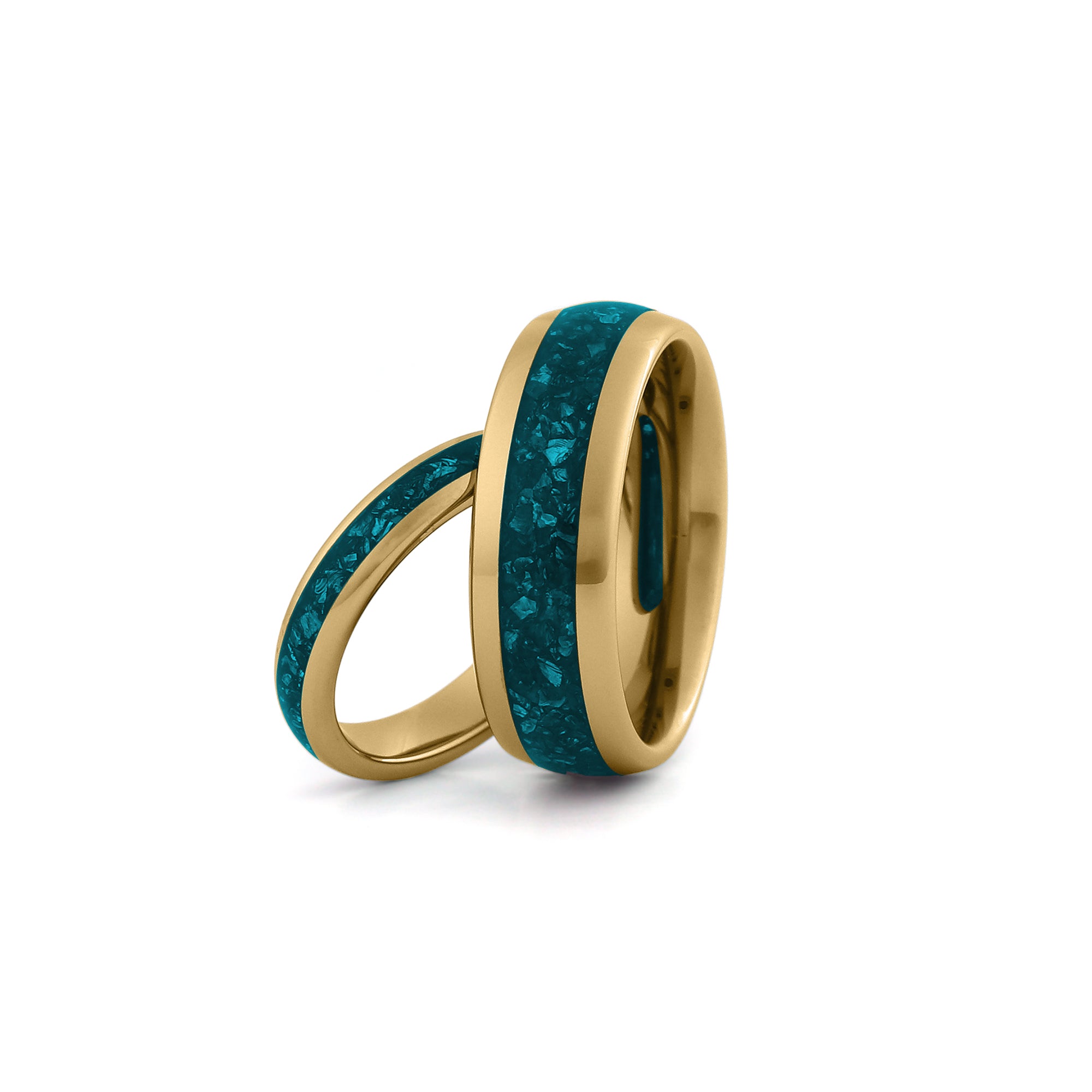 Gold turquoise couples rings set in tungsten, matching wedding bands with turquoise inlay
