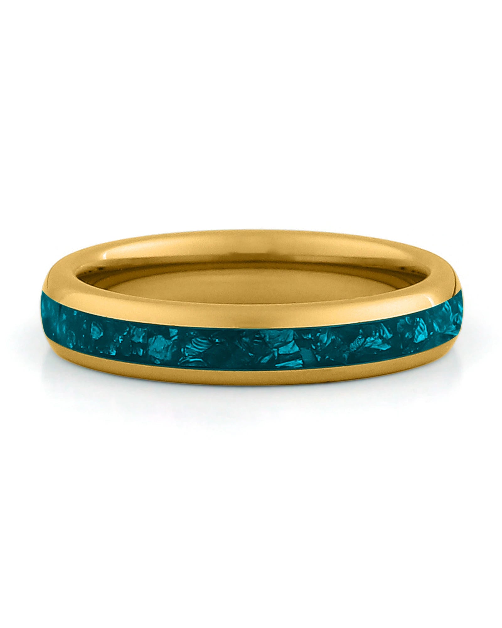Front view of gold 4mm turquoise tungsten wedding band