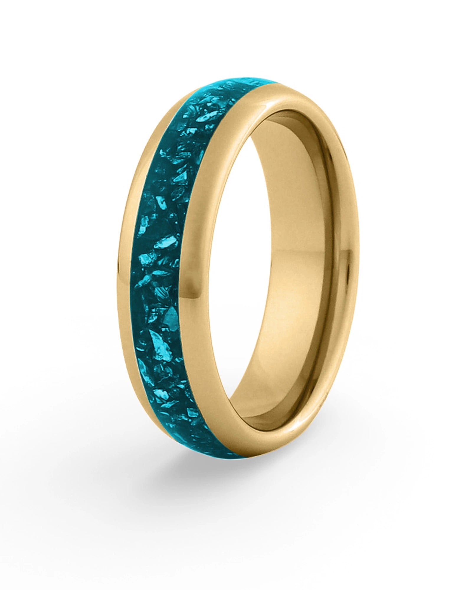 Men's gold tungsten wedding ring with turquoise stone inlay, 6mm band