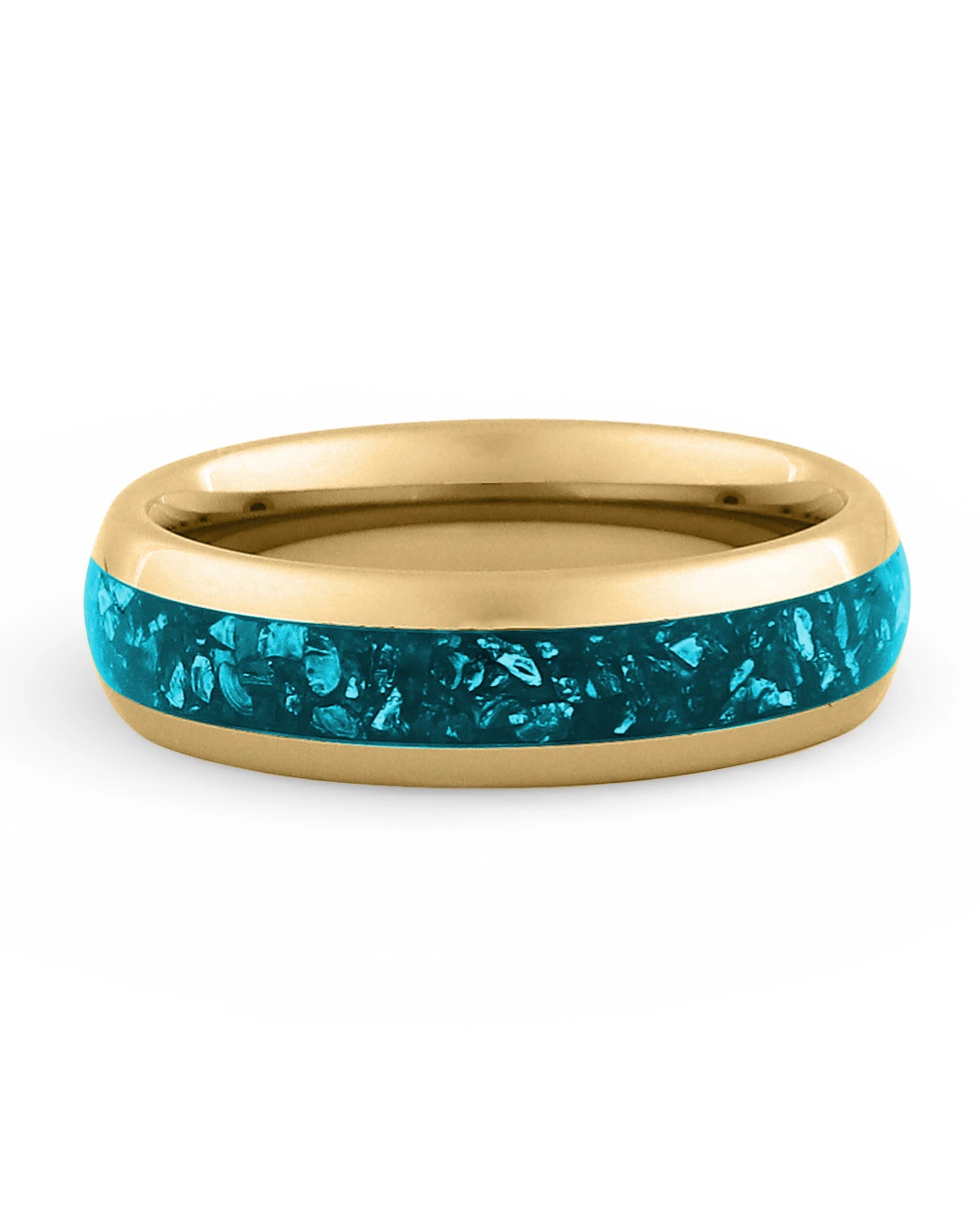 Front view of gold 6mm turquoise tungsten wedding band