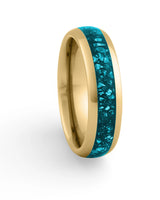 Gold 6mm tungsten ring with turquoise stone inlay shown at an angle
