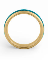 Side view of gold 6mm tungsten wedding ring with turquoise inlay