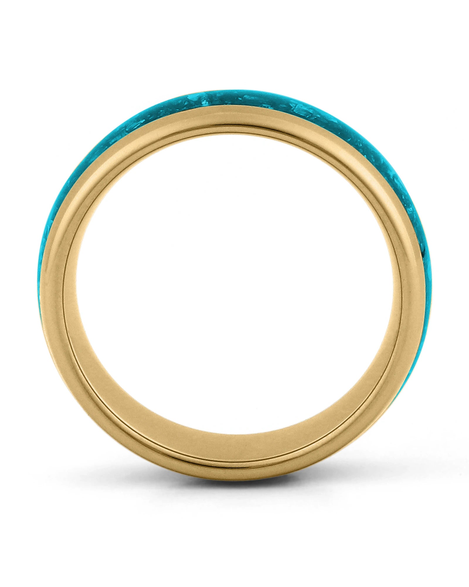 Side view of gold 8mm tungsten wedding ring with turquoise inlay