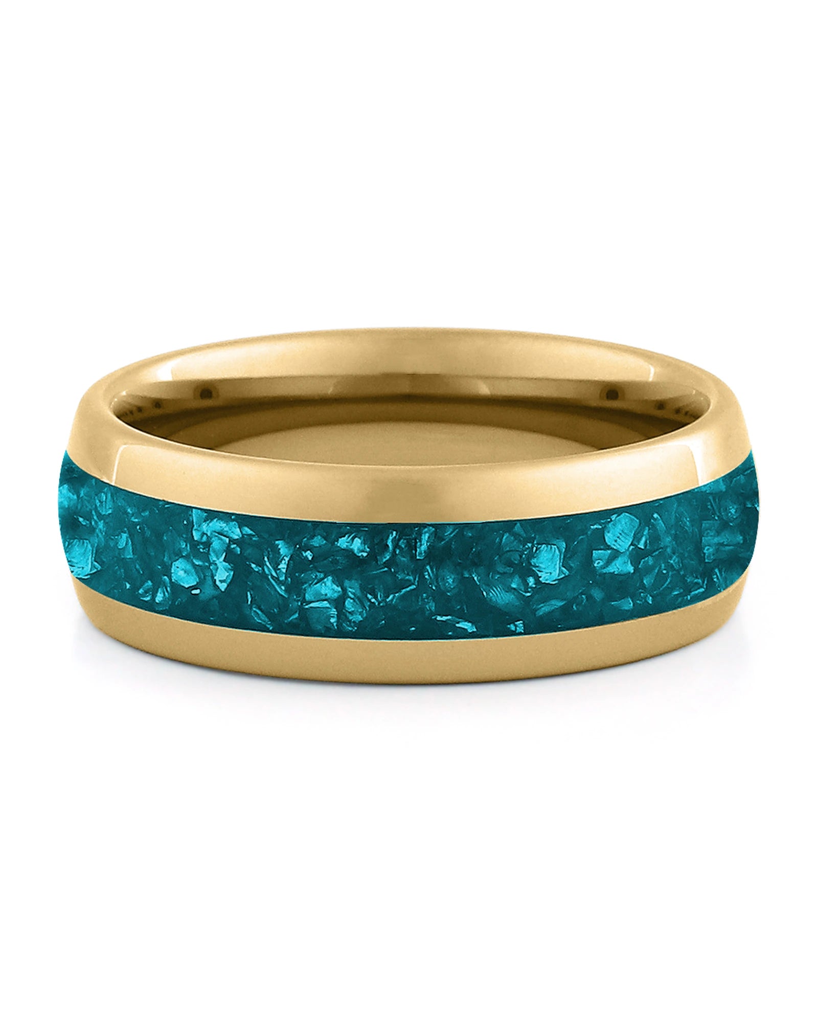 Front view of gold 8mm turquoise tungsten wedding band