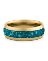 Front view of gold 8mm turquoise tungsten wedding band