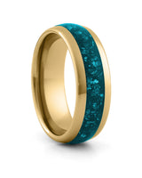 Gold 8mm tungsten ring with turquoise stone inlay shown at an angle