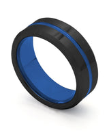 Black and blue Groove wedding ring shown at an angle