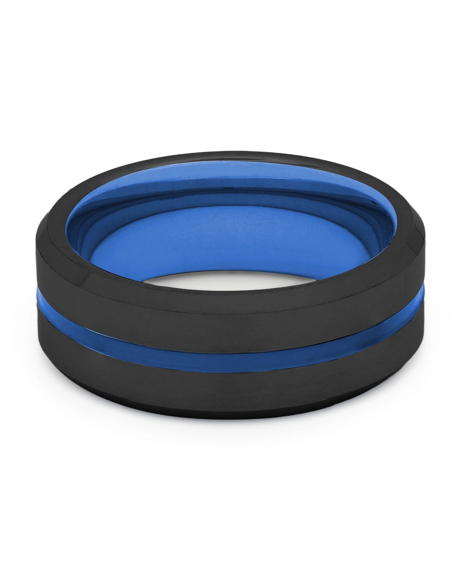 Front view of black and blue Groove wedding band