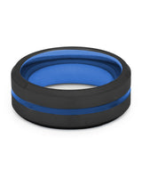 Front view of black and blue Groove wedding band