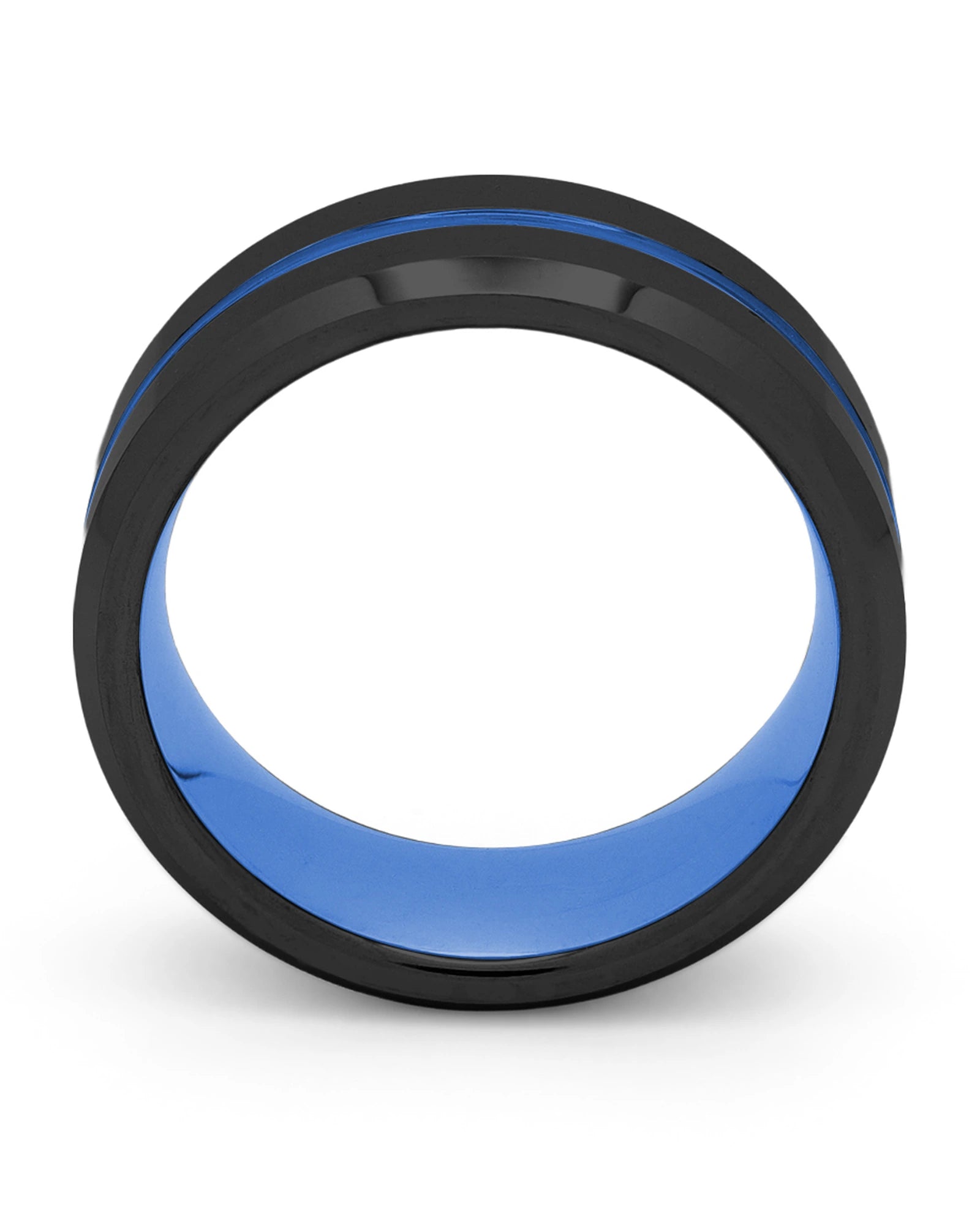 Side view of black and blue Groove wedding ring