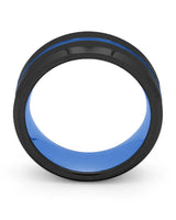 Side view of black and blue Groove wedding ring