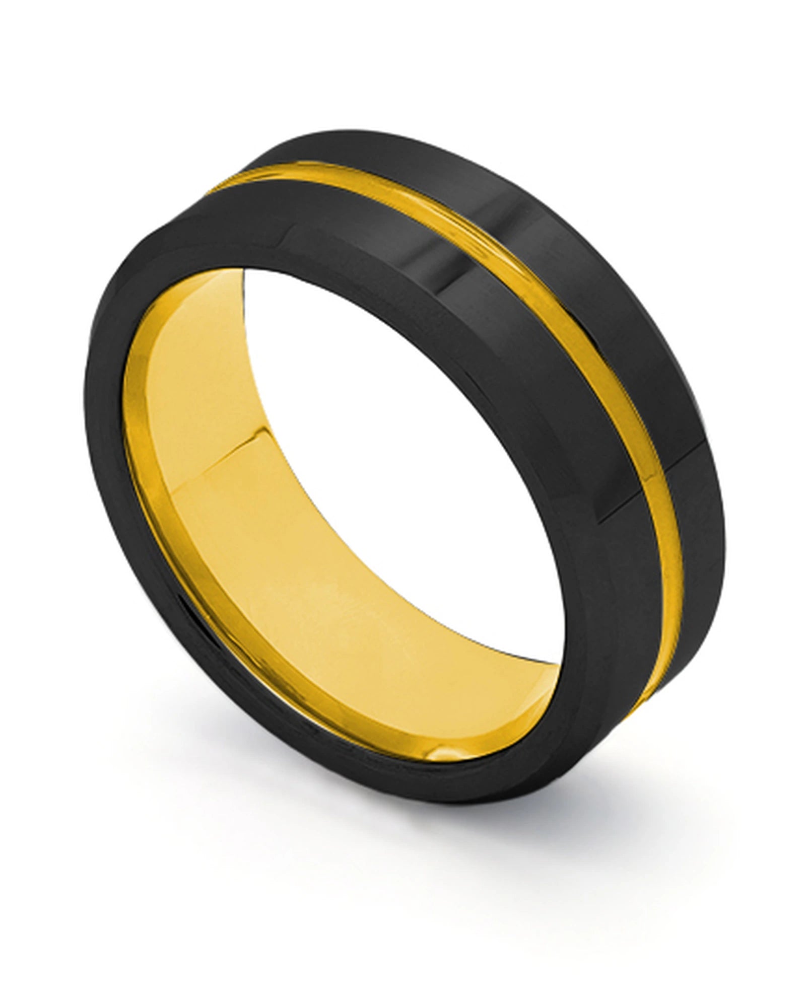 Black and gold Groove wedding ring shown at an angle