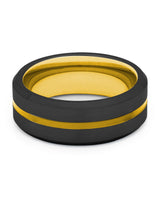 Front view of black and gold Groove wedding band