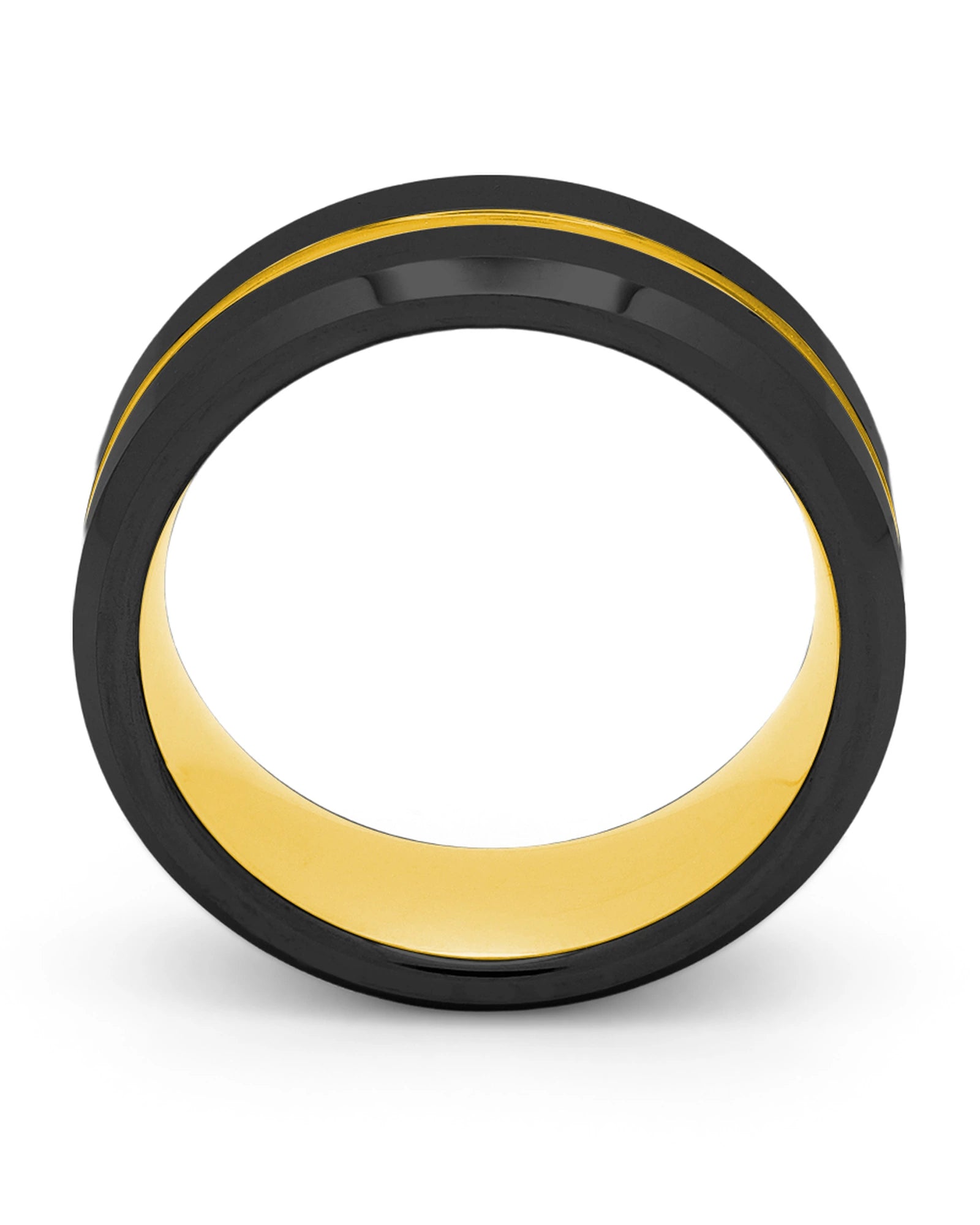 Side view of black and gold Groove wedding ring