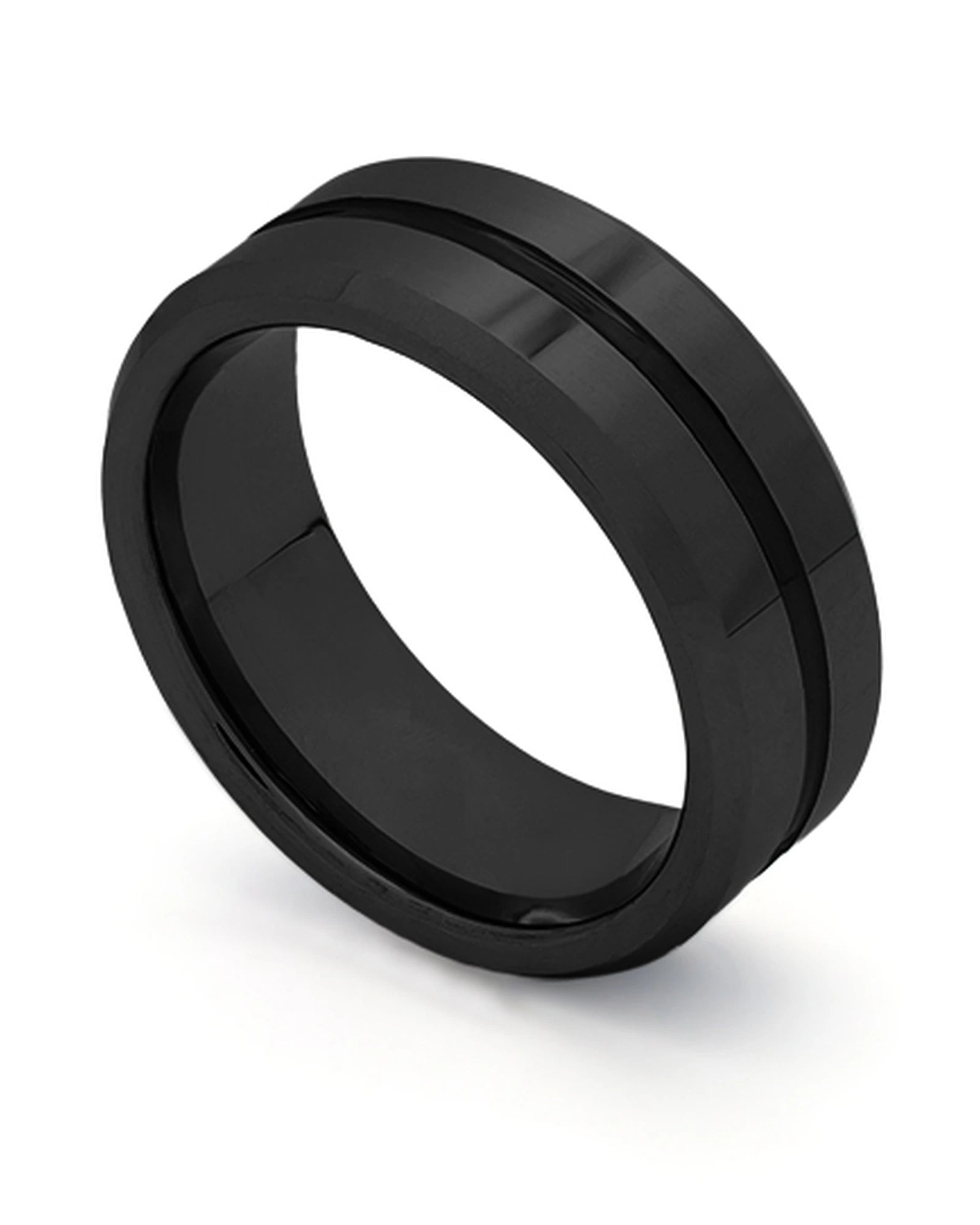 Black Groove wedding ring shown at an angle
