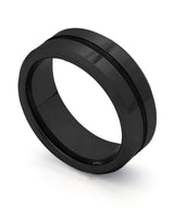 Black Groove wedding ring shown at an angle
