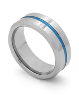 Silver and blue Groove wedding ring shown at an angle