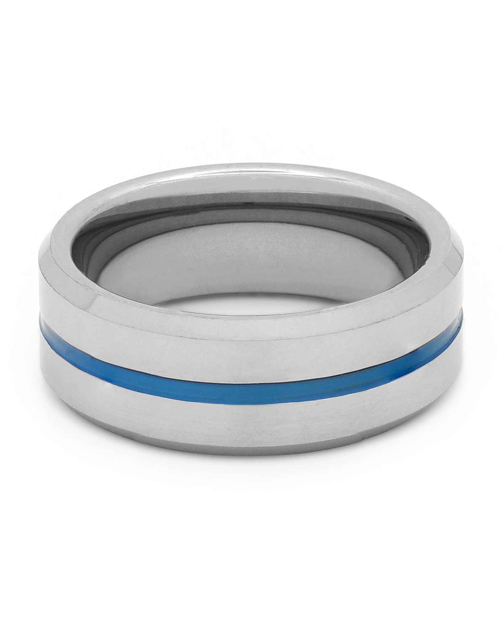 Front view of silver and blue Groove wedding band
