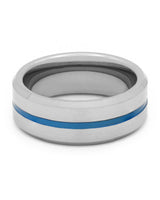Front view of silver and blue Groove wedding band