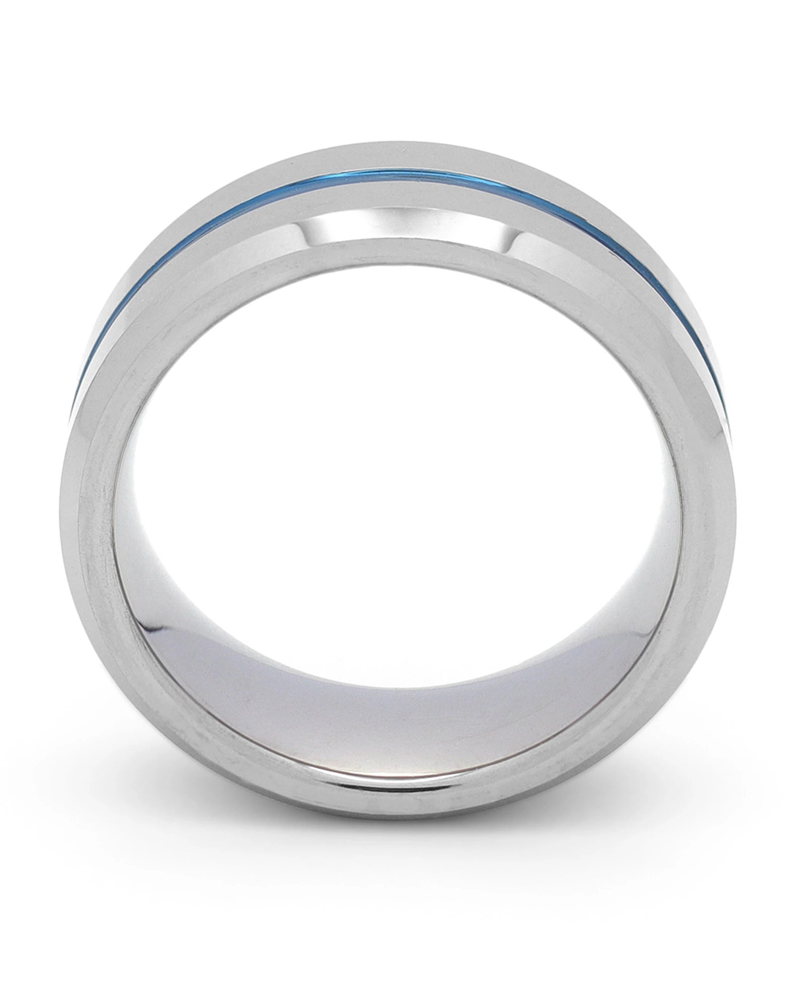 Side view of silver and blue Groove wedding ring