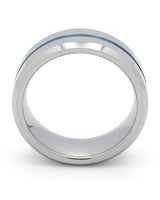 Side view of silver and blue Groove wedding ring