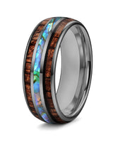 Koa wood and abalone shell tungsten ring with polished gunmetal finish
