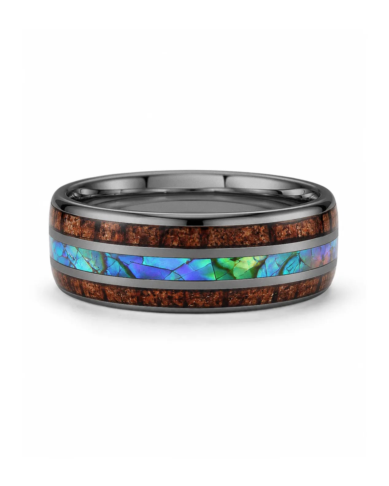 Gunmetal Koa Wood & Abalone Shell Tungsten Wedding Ring – 8mm