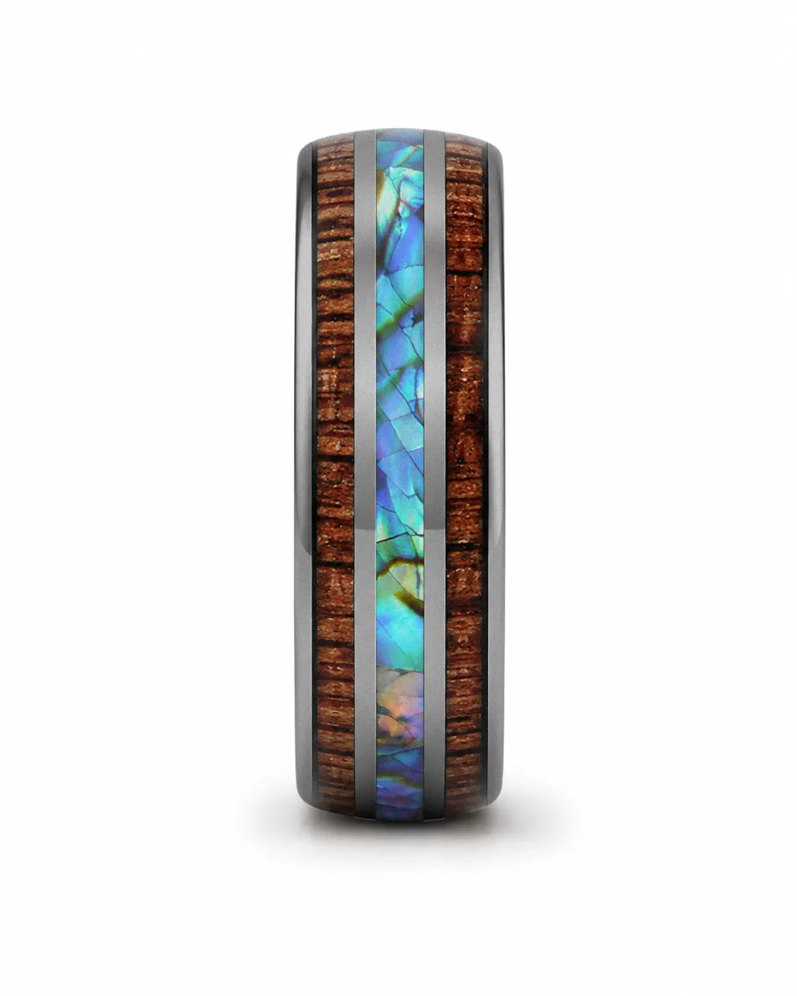 Gunmetal Koa Wood & Abalone Shell Tungsten Wedding Ring – 8mm