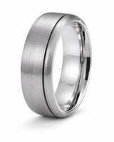 8mm Offset Line Domed Brushed Tungsten Wedding Ring