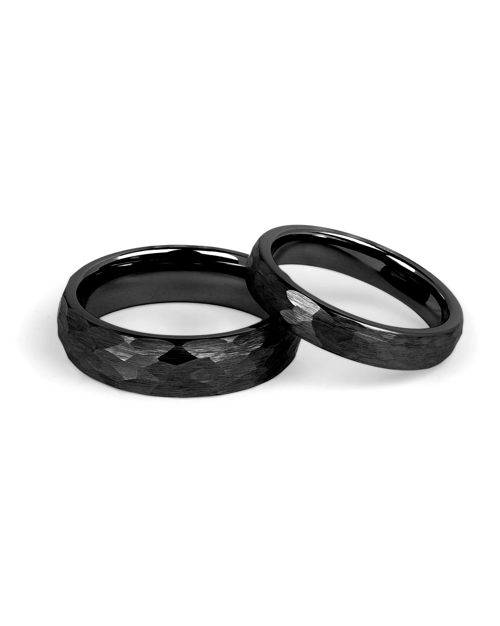 Matching black tungsten wedding bands with hammered finish
