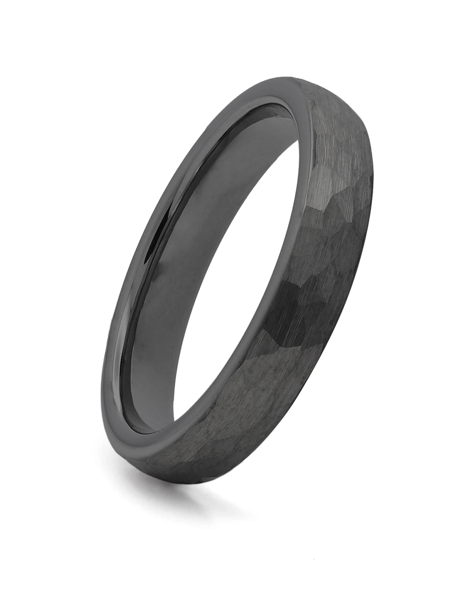 Front view of black hammered 4mm tungsten wedding band
