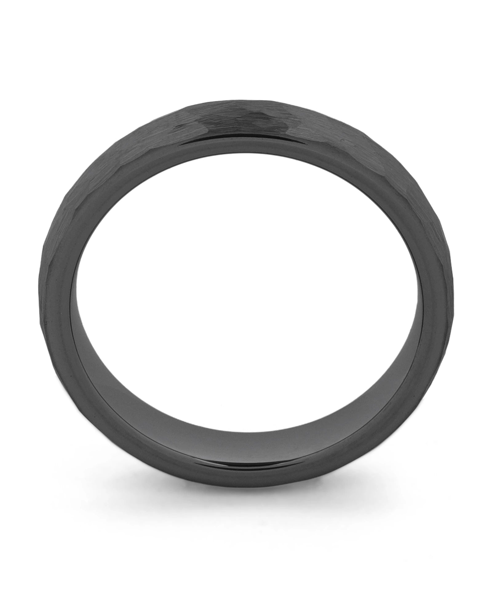 Side view of black hammered 4mm tungsten wedding ring