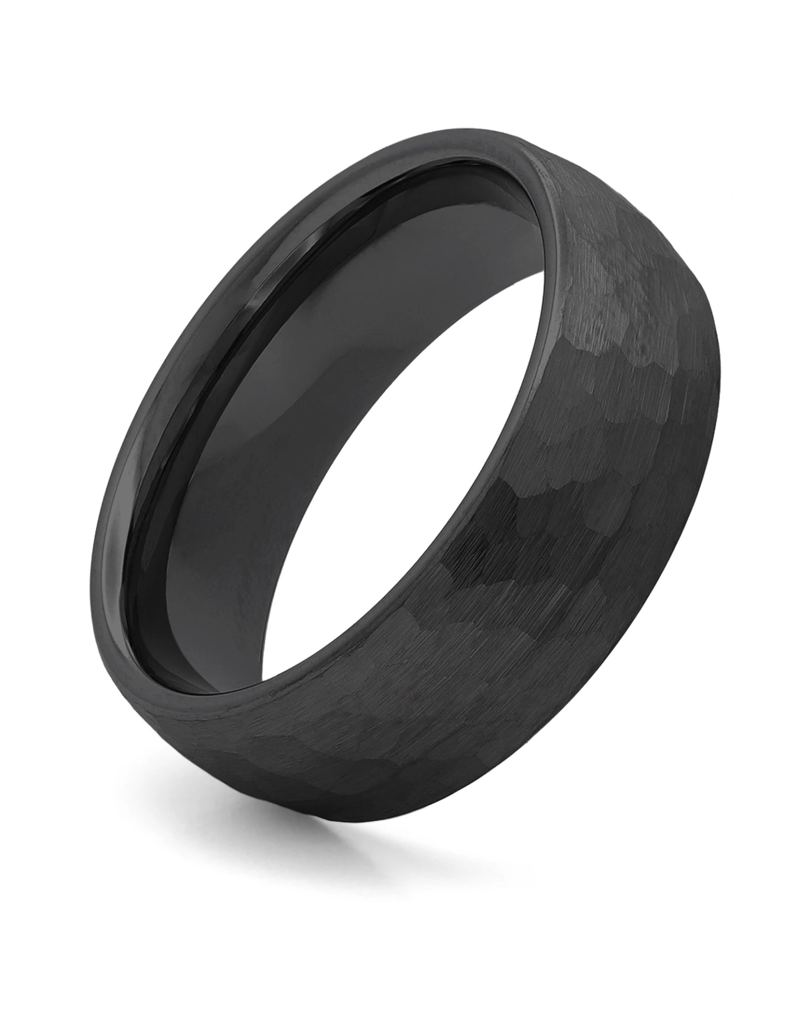 Front view of black hammered 8mm men's wedding band