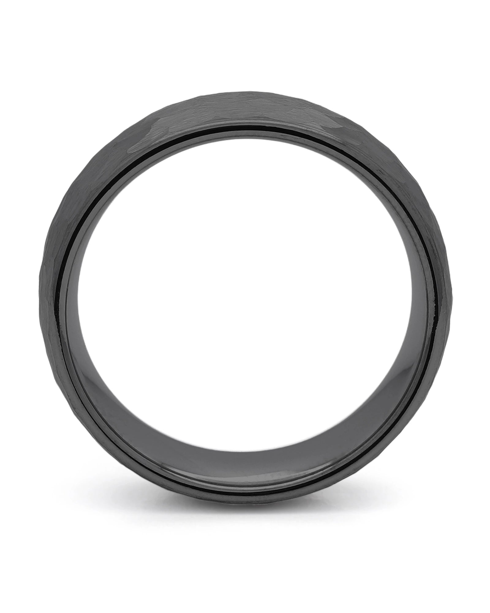Side view of black hammered 8mm tungsten wedding ring