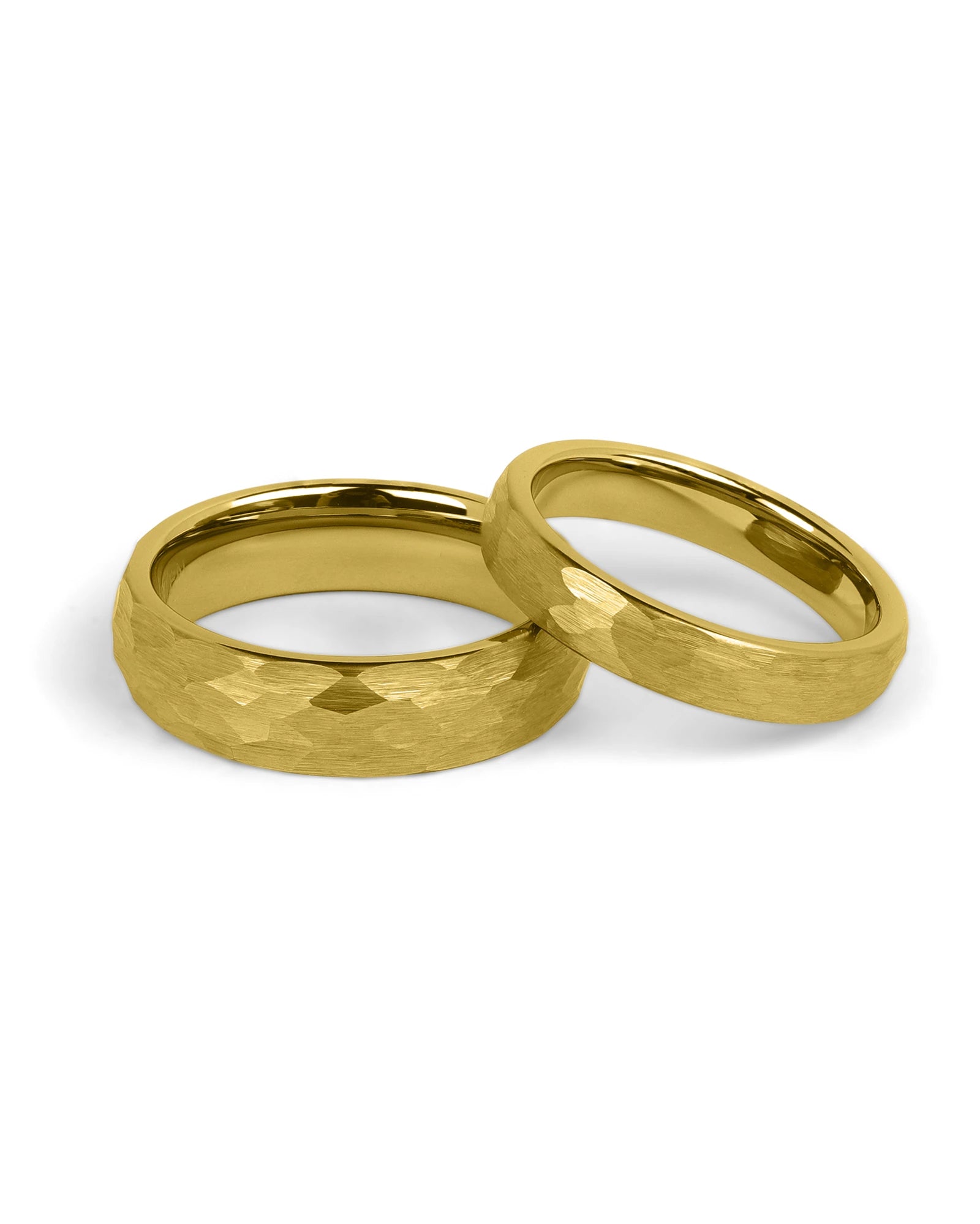 Matching gold tungsten wedding bands with hammered finish