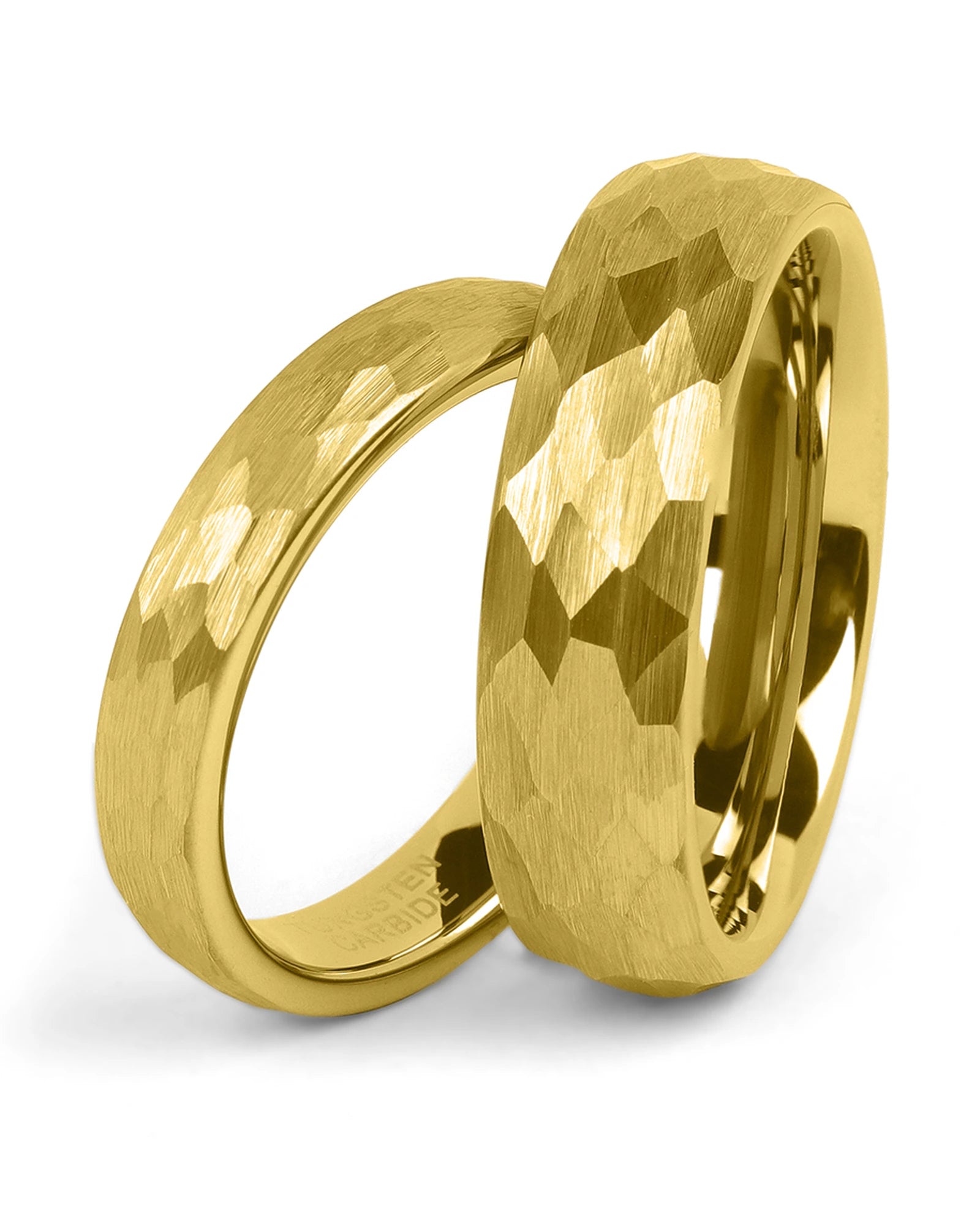 Matching gold hammered tungsten couples wedding bands