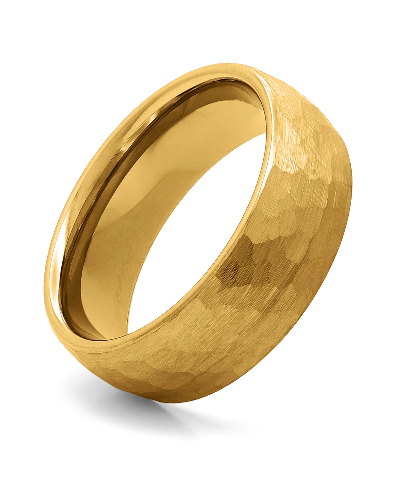 Front view of gold hammered 8mm men's wedding band