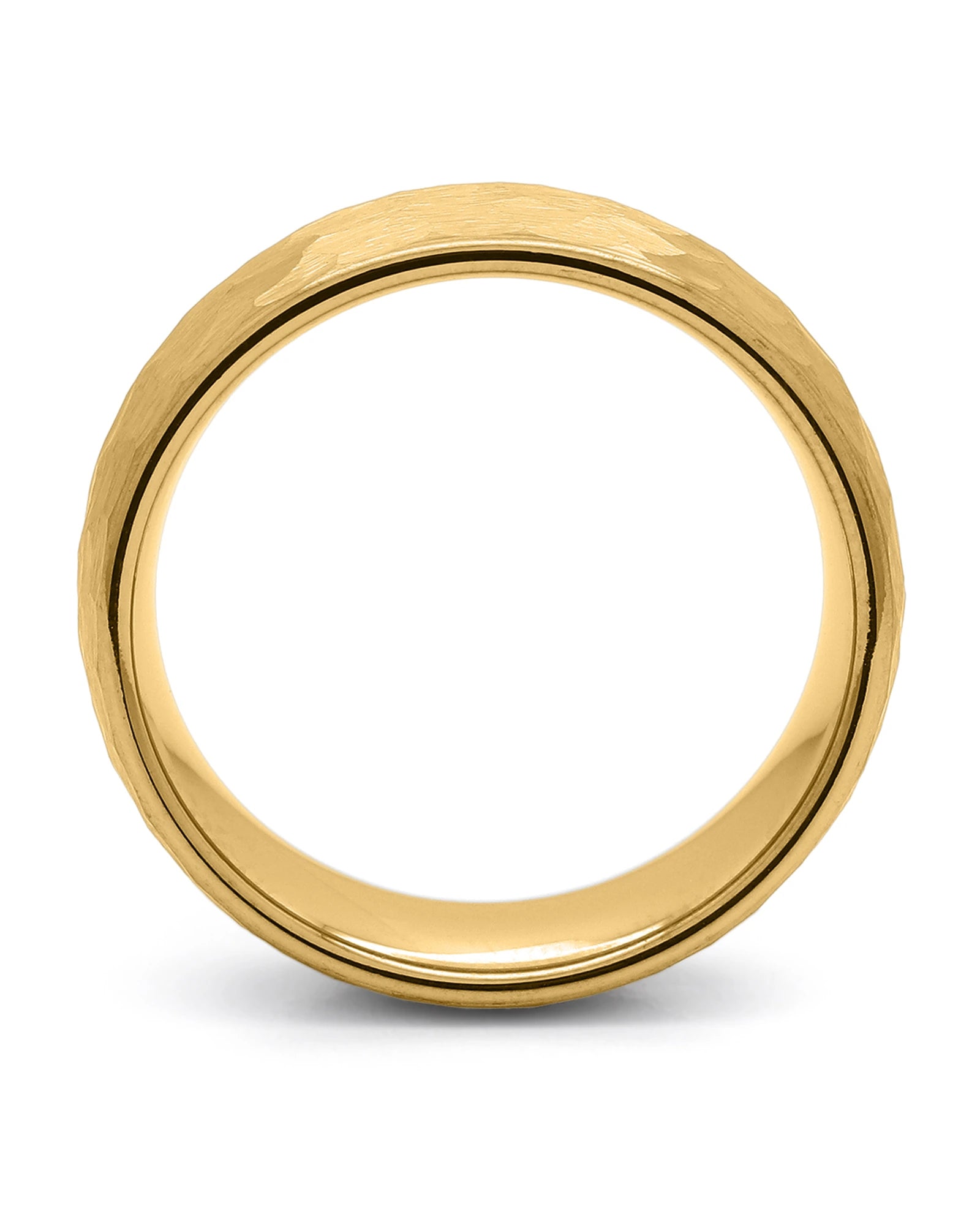 Side view of gold hammered 8mm tungsten wedding ring