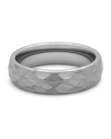 Grey hammered tungsten wedding band shown from above
