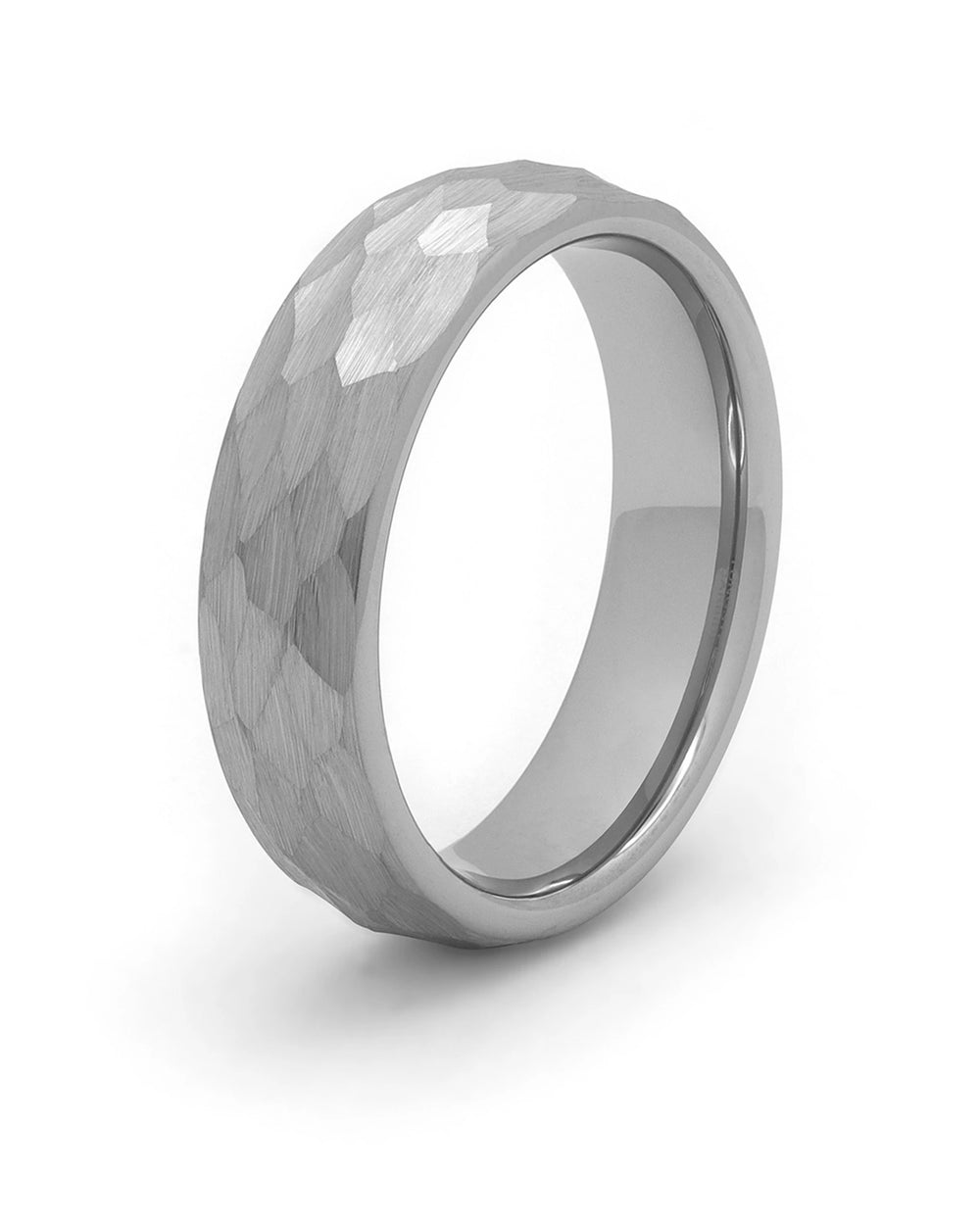 Grey hammered tungsten men's wedding ring with brushed finish