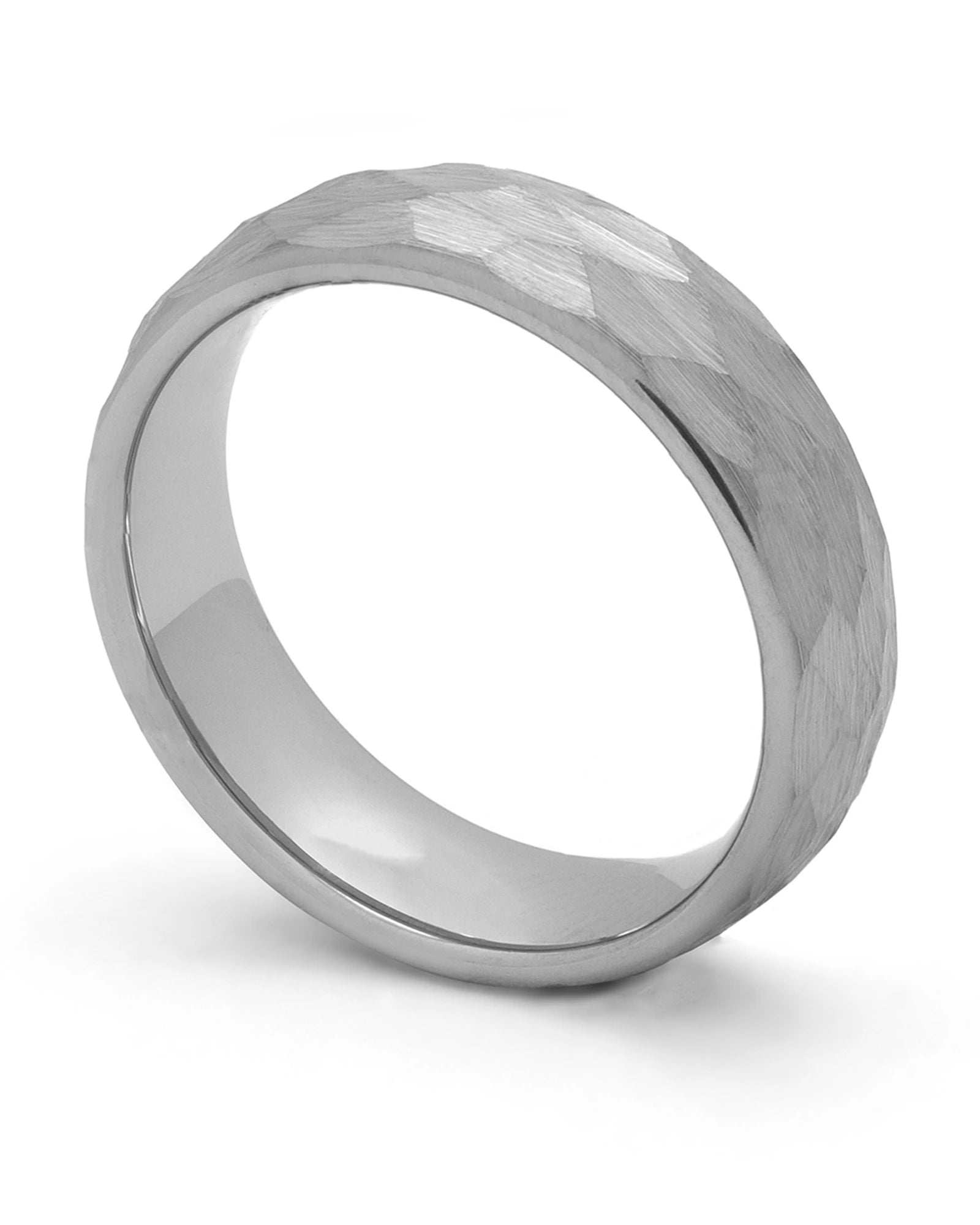 Front view of grey hammered tungsten men's wedding ring