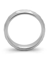 Side view of grey hammered tungsten wedding band for men